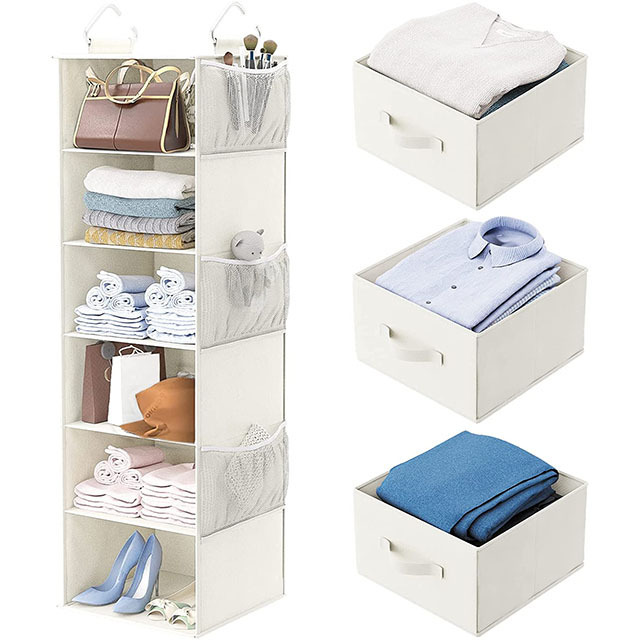 Home Folding 6 Shelf hanging Non Woven storage cloth organizer With 3 drawers and 6 Pockets On the side Fabric closet hanging