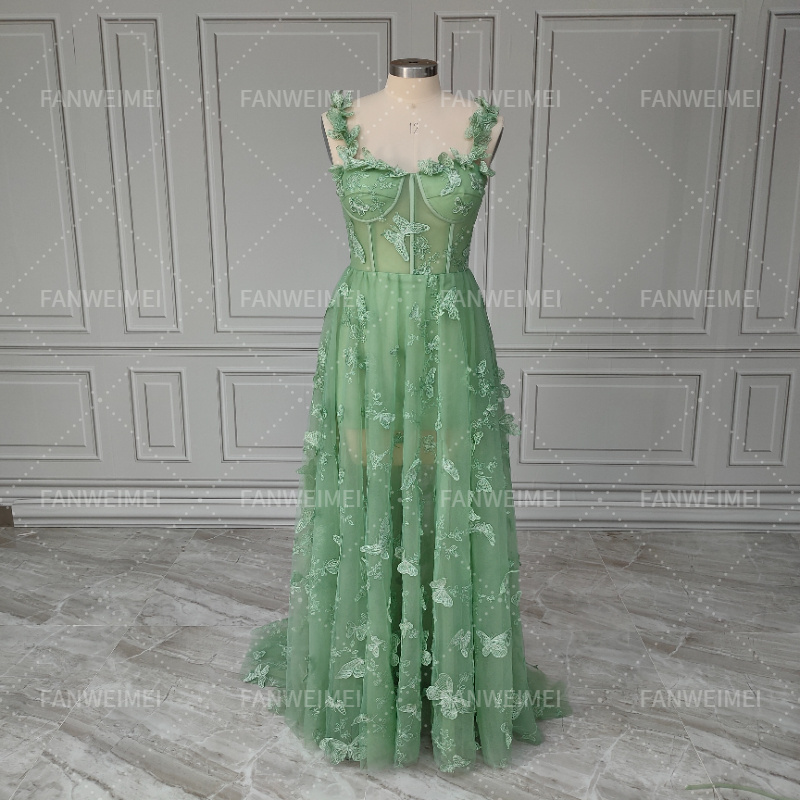 14705#Forest Green Butterfly Tulle Evening Party Dress Appliques Shoulder Strap Sleeveless Long Birthday Party Dress For Women