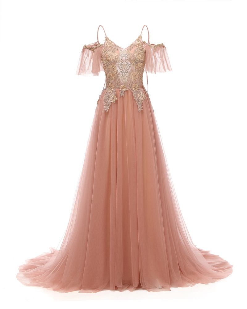 Fashion Popular Princess Pink Off-Shoulder Prom Gowns Lace Evening Dress Women