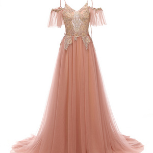 Fashion Popular Princess Pink Off-Shoulder Prom Gowns Lace Evening Dress Women