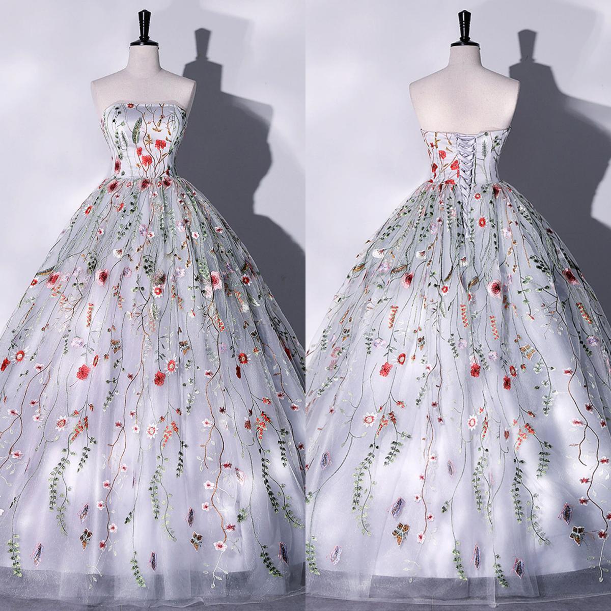 High Quality A-line Colorful Flower Embroidery Wedding Dress Off-shoulder Sleeveless Boat Neck Evening Party Dress for Women