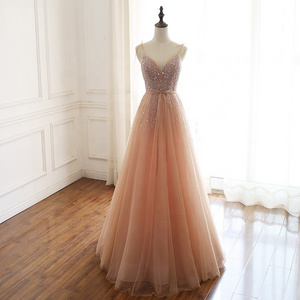 7734# A-Line Spaghetti Straps V-Neck Pink Beading Sleeveless Tulle Backless Luxury Lace Wedding Bride Dress Evening Dress