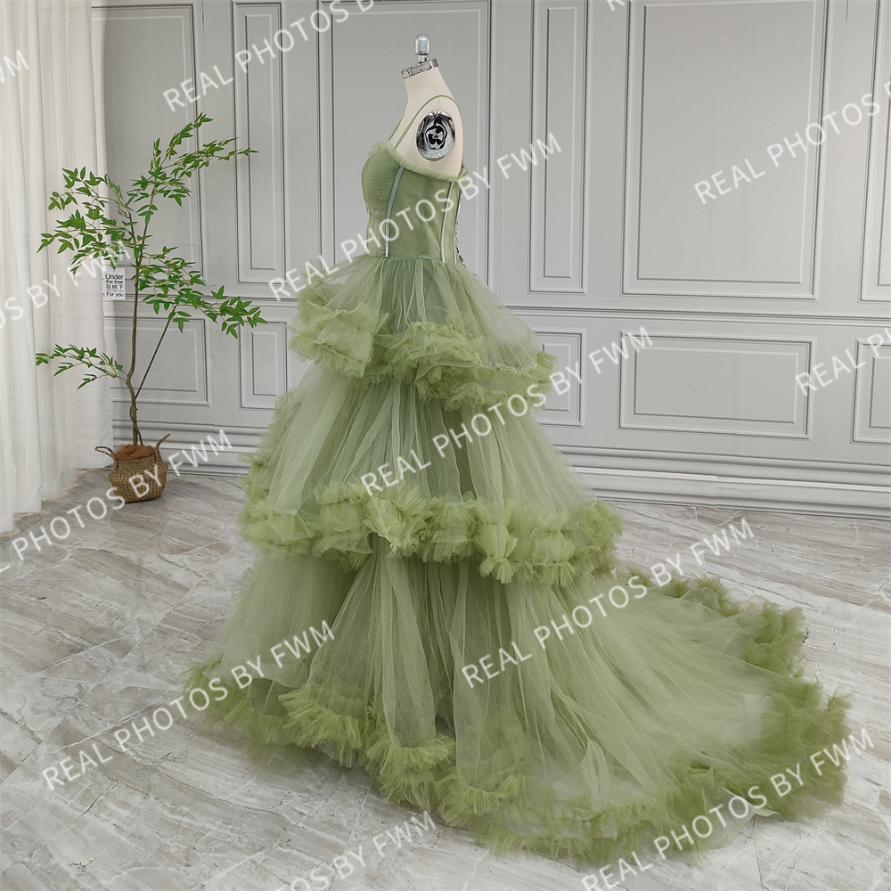 100% Real Photos Green Spaghetti Strap Ruffles Tulle Ball Gown Birthday Party Dress Women Prom Evening Dresses For Wedding