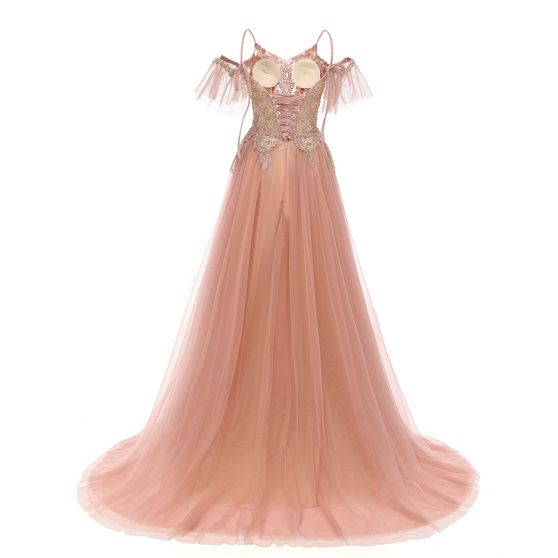 Fashion Popular Princess Pink Off-Shoulder Prom Gowns Lace Evening Dress Women