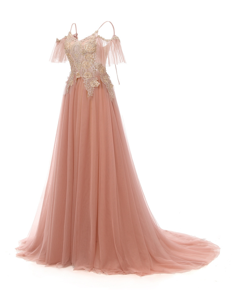 Fashion Popular Princess Pink Off-Shoulder Prom Gowns Lace Evening Dress Women