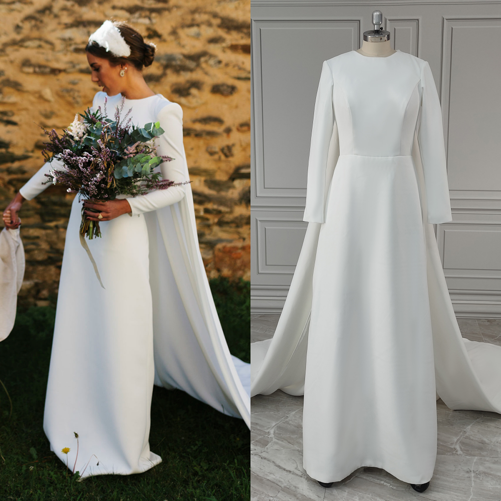 19515# Real Photos Long Sleeves O-Neck Satin Wedding Dress With Detachable Cape Backless Bride Gown For Women Vestido De Novia