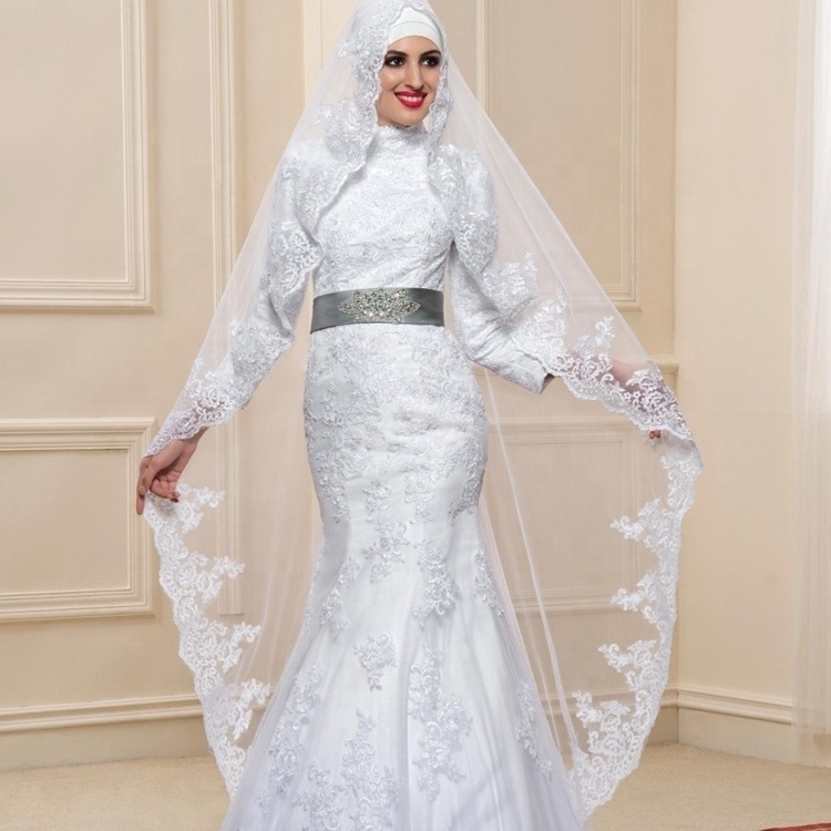 6002#High Neck Mermaid Muslim Lace Applique Long Sleeve Modest Beauty Hijab Bridal Gown Wedding Dress With Sweep Train