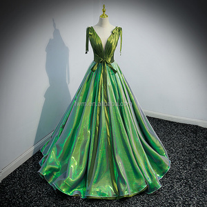 Custom Made A-line Fluorescent Green Deep V-neck Evening Party Dress Floor Length Sleeveless Halloween Prom Gown for Women