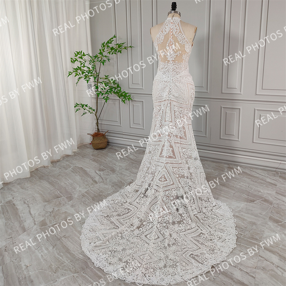 100% Real Photos High Quality Halter Neck Sequined Appliques Lace Mermaid Wedding Dress For Women Bridal Gown For Wedding 2024