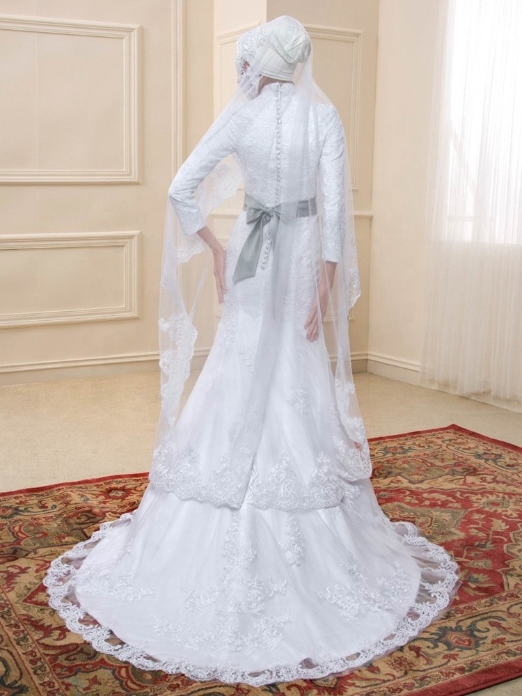 6002#High Neck Mermaid Muslim Lace Applique Long Sleeve Modest Beauty Hijab Bridal Gown Wedding Dress With Sweep Train