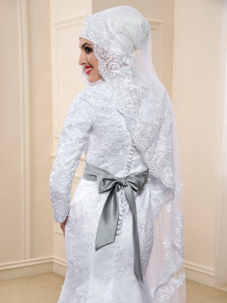 6002#High Neck Mermaid Muslim Lace Applique Long Sleeve Modest Beauty Hijab Bridal Gown Wedding Dress With Sweep Train