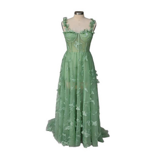 14705#Forest Green Butterfly Tulle Evening Party Dress Appliques Shoulder Strap Sleeveless Long Birthday Party Dress For Women