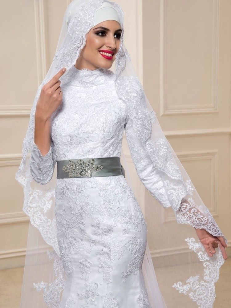 6002#High Neck Mermaid Muslim Lace Applique Long Sleeve Modest Beauty Hijab Bridal Gown Wedding Dress With Sweep Train