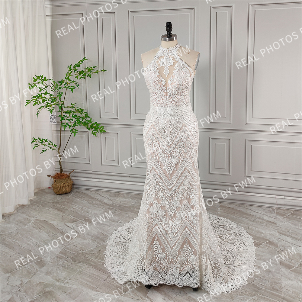 100% Real Photos High Quality Halter Neck Sequined Appliques Lace Mermaid Wedding Dress For Women Bridal Gown For Wedding 2024