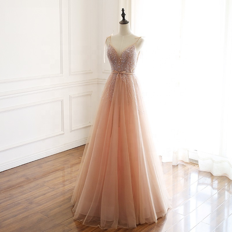 7734# A-Line Spaghetti Straps V-Neck Pink Beading Sleeveless Tulle Backless Luxury Lace Wedding Bride Dress Evening Dress