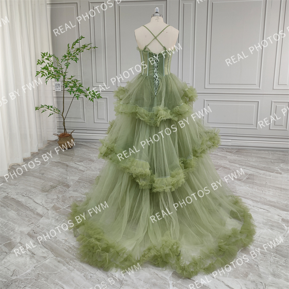 100% Real Photos Green Spaghetti Strap Ruffles Tulle Ball Gown Birthday Party Dress Women Prom Evening Dresses For Wedding