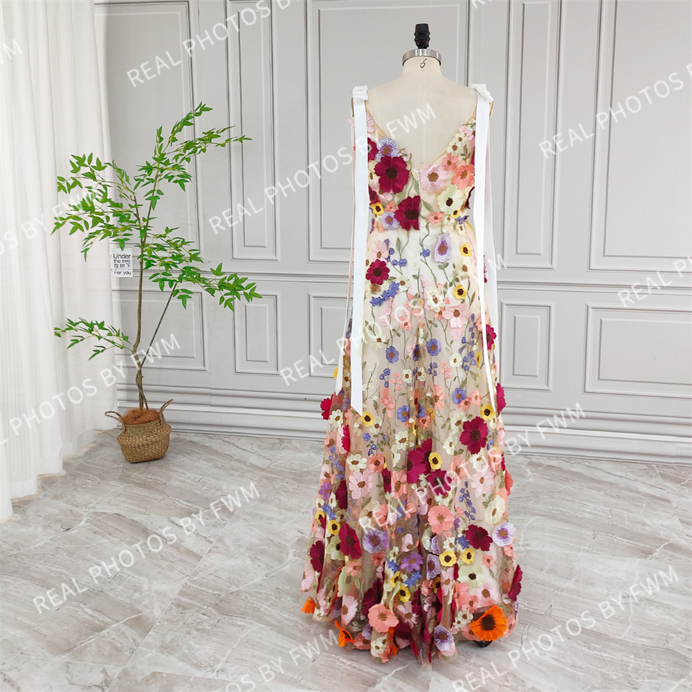 100% Real Photos High Quality 3D Embroidered Flower Lace Evening Dress For Wedding Colorful Low Back Women Bride Gown 2024