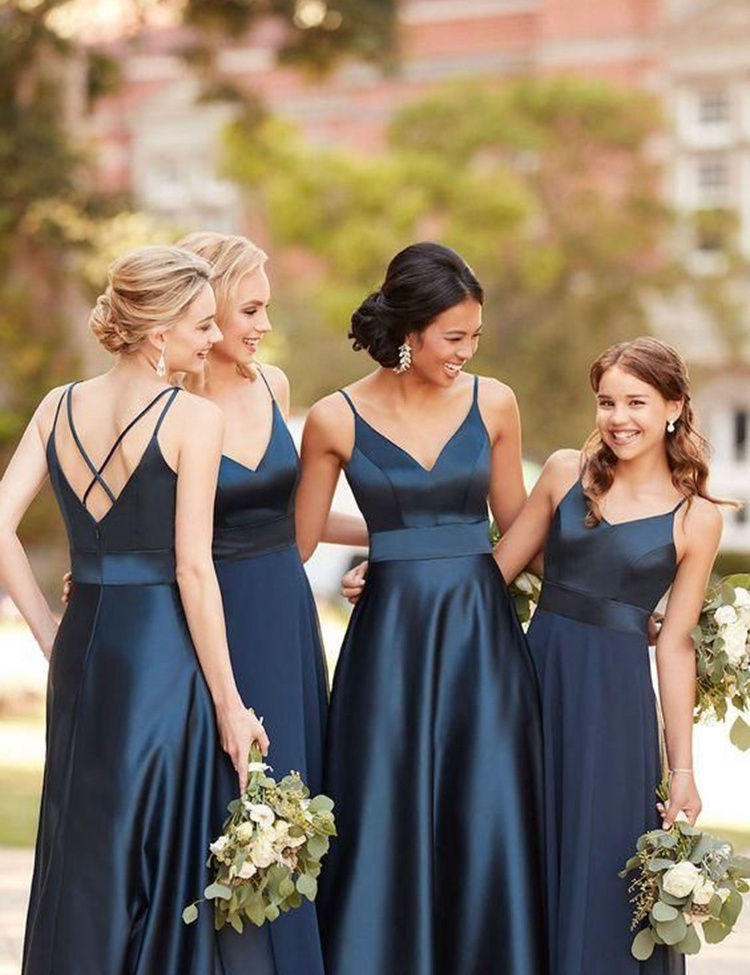 5407# Navy Cross Back Spaghetti Straps A-Line Satin Wedding Long Bridesmaid Dresses Sleeveless V-Neck Evening Dress Plus Size