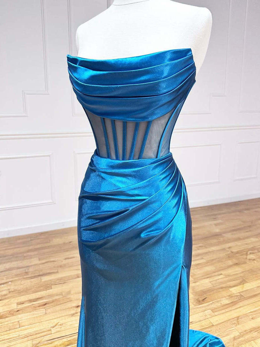 Wholesale 2023 Floor Length Blue Sexy Slit Prom Gown Sleeveless Strapless Split Leg Evening Party Maxi Dress for Women