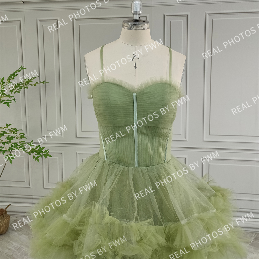 100% Real Photos Green Spaghetti Strap Ruffles Tulle Ball Gown Birthday Party Dress Women Prom Evening Dresses For Wedding