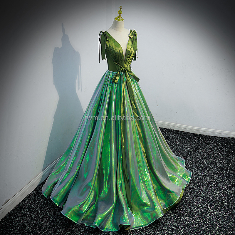 Custom Made A-line Fluorescent Green Deep V-neck Evening Party Dress Floor Length Sleeveless Halloween Prom Gown for Women