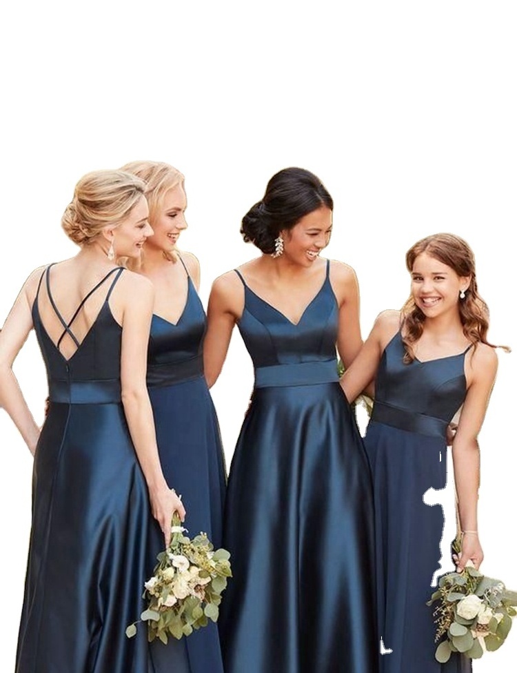 5407# Navy Cross Back Spaghetti Straps A-Line Satin Wedding Long Bridesmaid Dresses Sleeveless V-Neck Evening Dress Plus Size