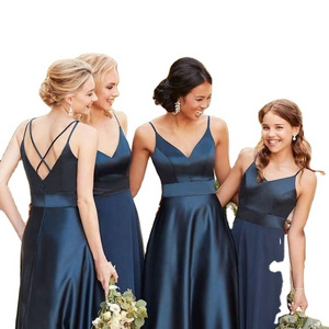 5407# Navy Cross Back Spaghetti Straps A-Line Satin Wedding Long Bridesmaid Dresses Sleeveless V-Neck Evening Dress Plus Size