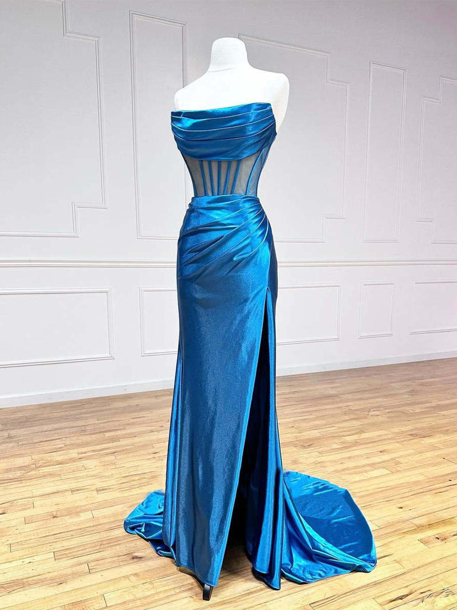 Wholesale 2023 Floor Length Blue Sexy Slit Prom Gown Sleeveless Strapless Split Leg Evening Party Maxi Dress for Women