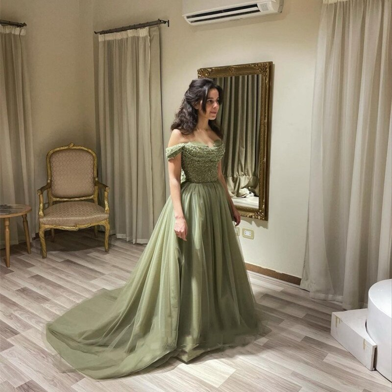 15632# Real Photos Off Shoulder Beading Sequined Lace Tulle Evening Dress For Women Arabic A-line Wedding Party Prom Gown