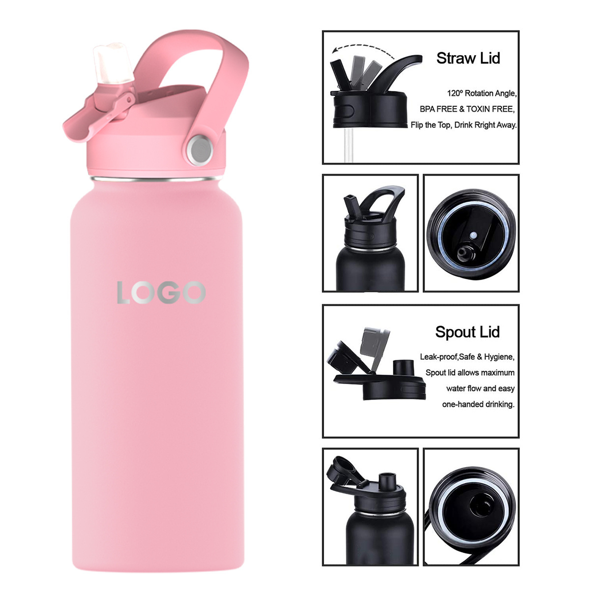 Custom Logo 32 oz Stainless Steel Double Wall Insulated Sports Water Bottle with Lid and Straw