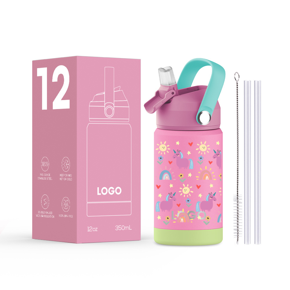 12 oz Kids Bottle with Straw Lid Double Wall Vacuum Insulated Stainless Steel Kids Water Bottle with Straw Lid