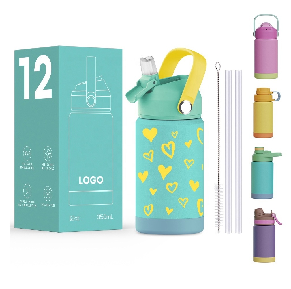 2023 New Arrival Children School Thermal Vaccum Stainless Steel Water Bottle 12 oz Kids Tumbler with Straw Lid