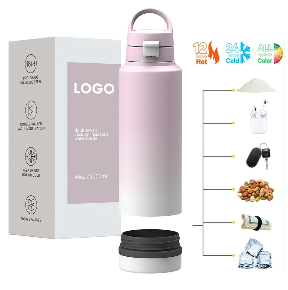 Eco-friendly BPA free Metal Stainless Steel Water Bottle Custom Logo Metal Sport Insulated Flask Bottles with Bottom Storage