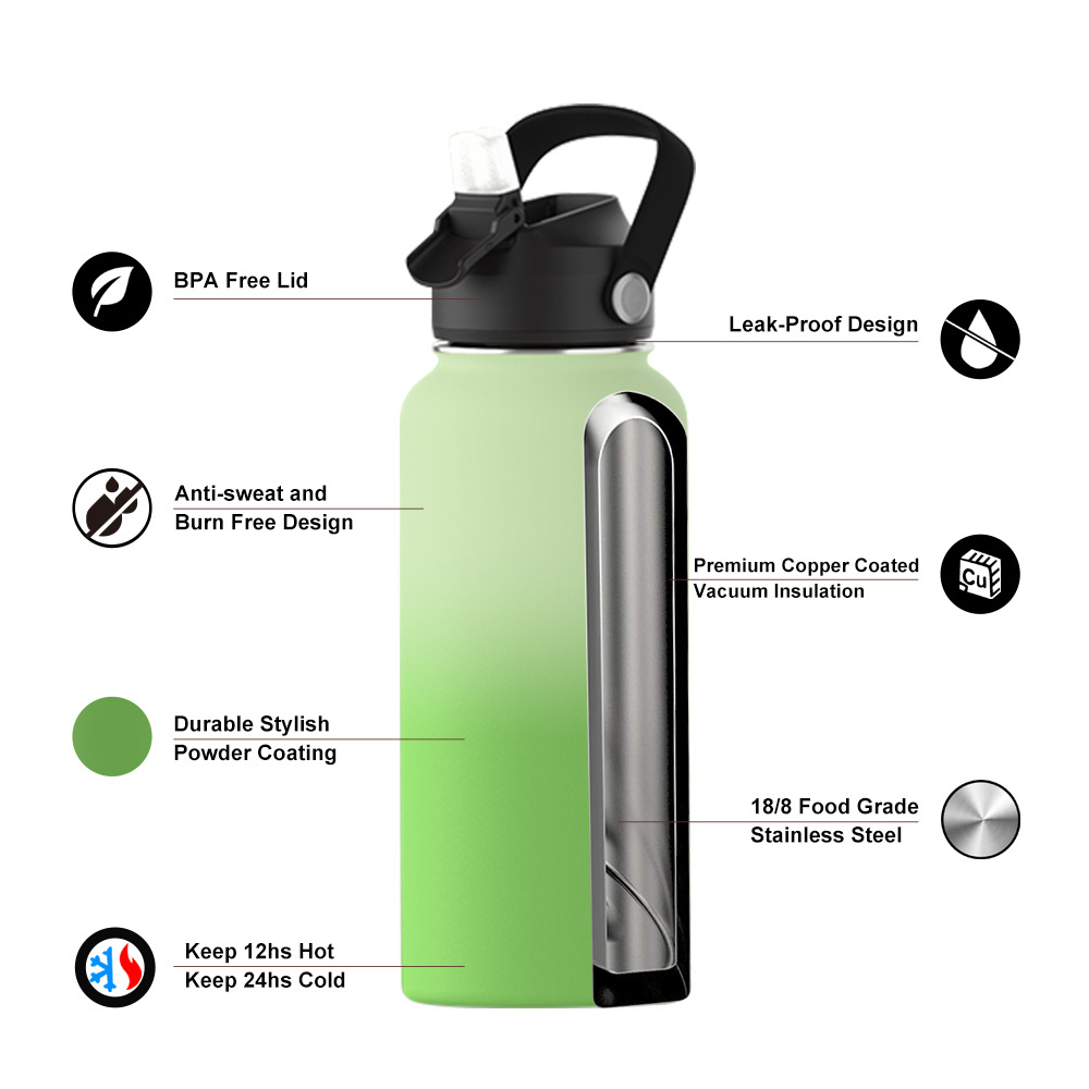 Custom Logo 1 liter Stainless Steel Thermal Flask Gym Sports Insulated Water Bottle with Leakproof Patent Lids