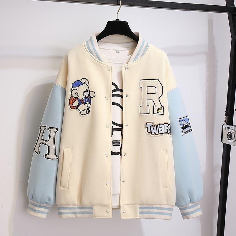 American vintage patchwork embroidered baseball jacket Women's fall winter cotton compound silver fox velvet loose jacket