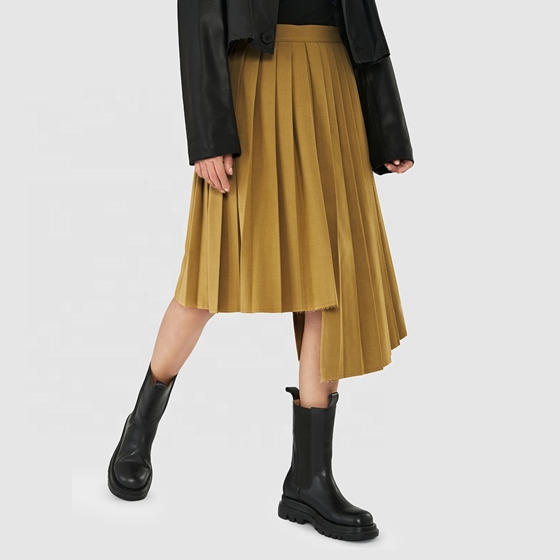 2024 New Arrivals Women Fashion and Asymmetric Design Khaki Pleated Midi Skirt