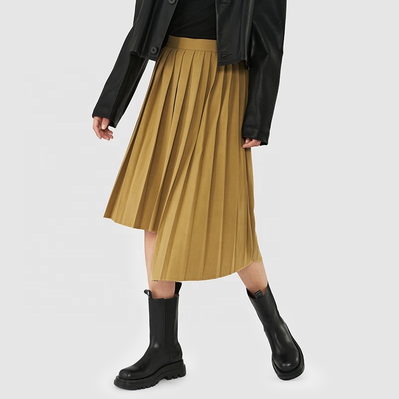 2024 New Arrivals Women Fashion and Asymmetric Design Khaki Pleated Midi Skirt