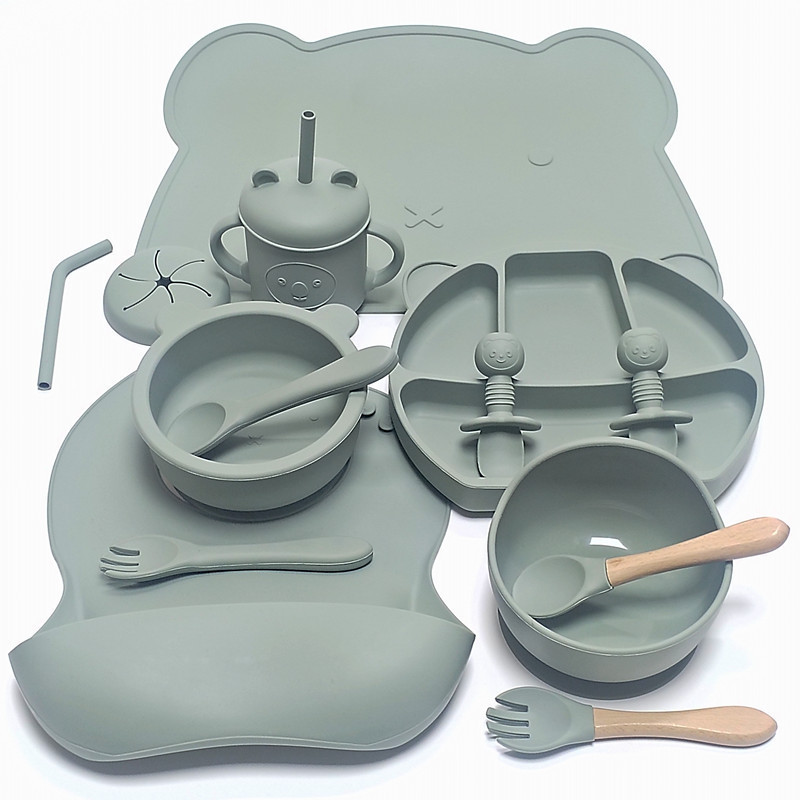 Bear 14-piece infant baby complementary food feeding tableware set silicon children's cartoon glue food grade set