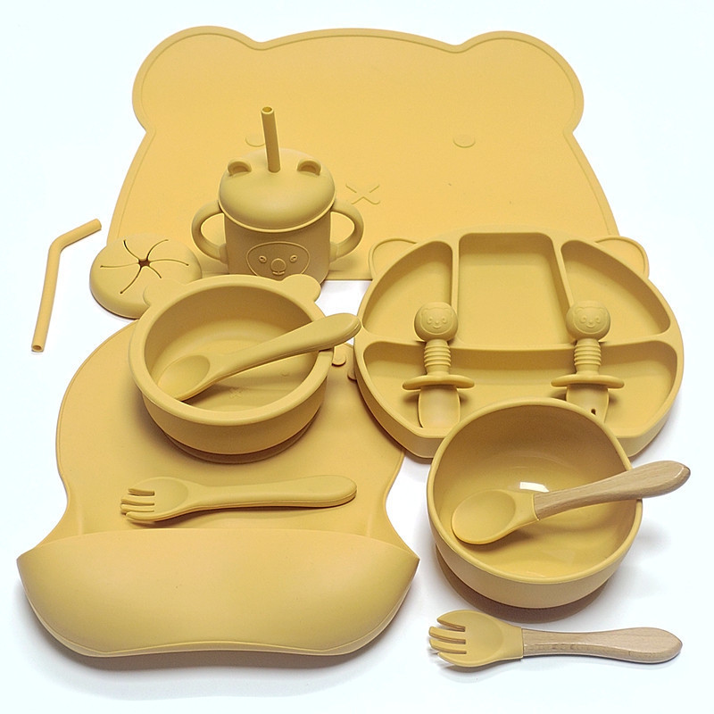 Bear 14-piece infant baby complementary food feeding tableware set silicon children's cartoon glue food grade set