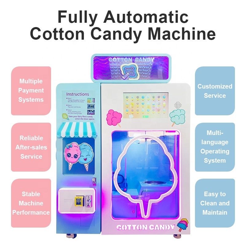 factory Commercial Latest Colorful Clouds Roll Pink Floss Flower Automatic Cotton Candy Vending Machine with card reader system