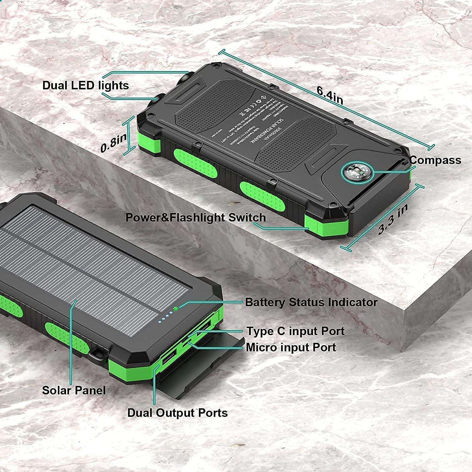 Outdoor Camping Solar Power Bank 20000mah Dual USB Travel Built-in LED Flashlight Type-C Input Power Bank Solar