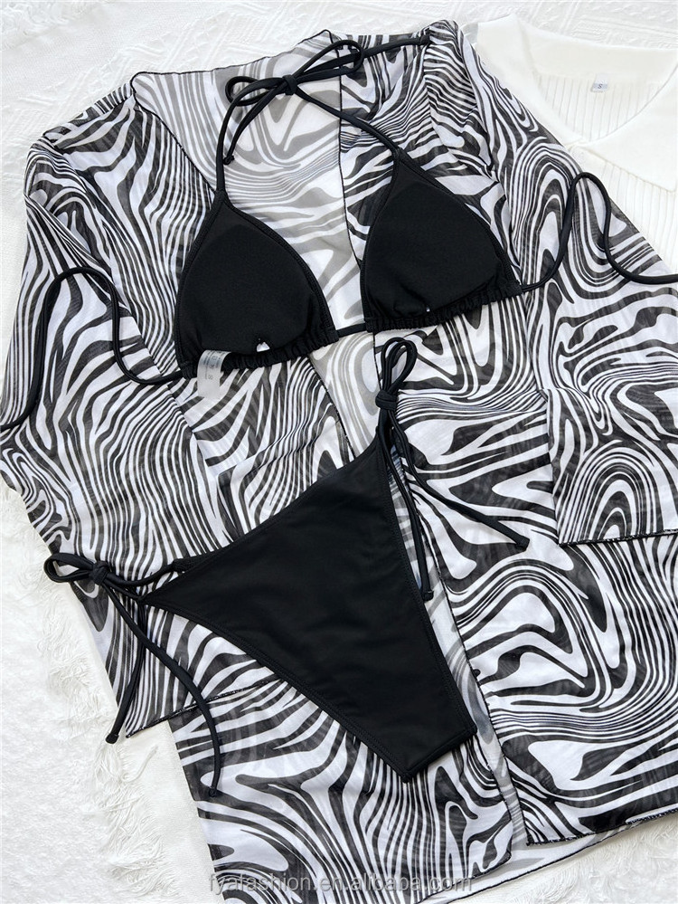 2022 Zebra Print Cover Up 3 Pieces Sexy Micro Thong Women Mini Bikini Swimsuits