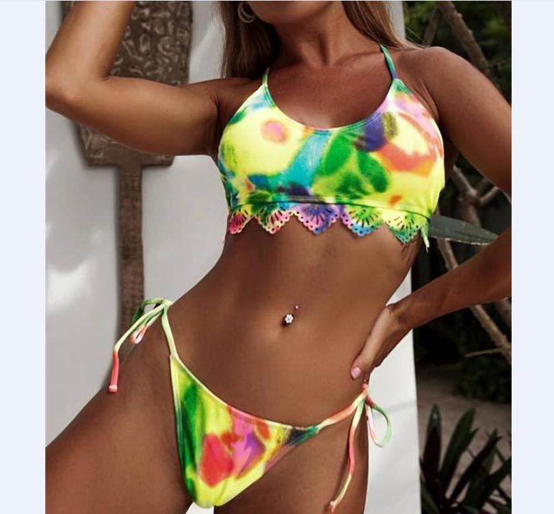 New 2 Pieces Tie Dye Bathing Suit Women Swimsuit High Cut Thong Swimwear Brazilian Bikini