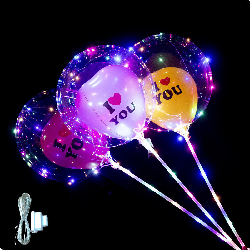 Transparent led globos bobo ballon cute cartoon light up with feather sequin petal cartoon sticker led lights balloon