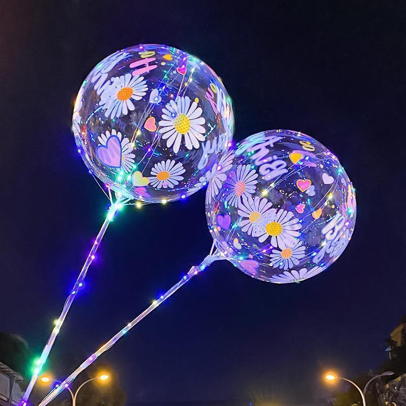 Transparent led globos bobo ballon cute cartoon light up with feather sequin petal cartoon sticker led lights balloon