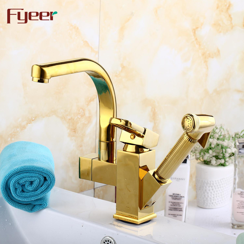 Fyeer New Golden Double Spray Pull Out Kitchen Faucet with Pre Rinse Spray