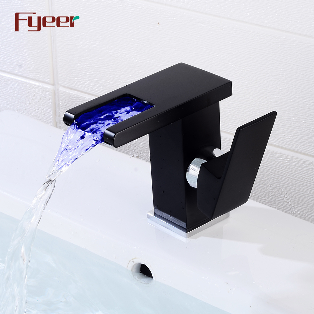 Fyeer Black Color Temperature Sensor Hydro Power Cold and Hot Water Bathroom Waterfall Led Faucet