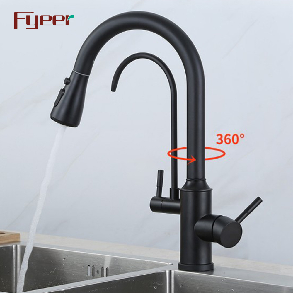 Fyeer Matte Black Pull Down Spray 3 Way Kitchen Sink Faucet with Filter Wate Tap