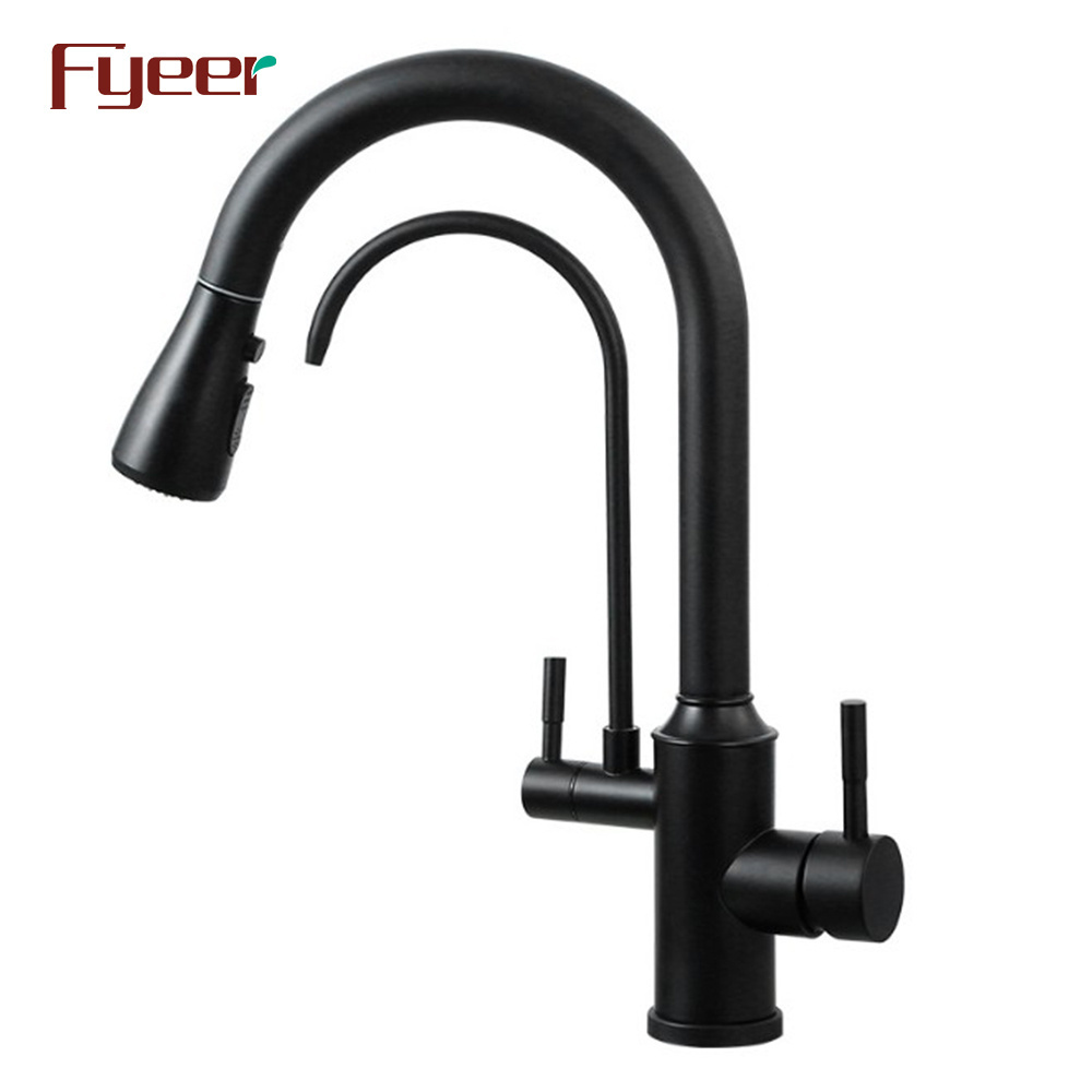 Fyeer Matte Black Pull Down Spray 3 Way Kitchen Sink Faucet with Filter Wate Tap