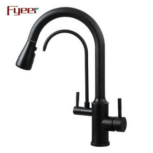 Fyeer Matte Black Pull Down Spray 3 Way Kitchen Sink Faucet with Filter Wate Tap